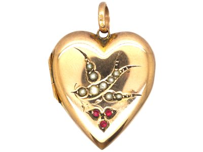 Edwardian 9ct Back & Front Heart Locket with Swallow set with Garnets & Natural Split Pearls