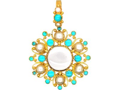 Regency 15ct Gold Pendant Locket set with Turquoise & Natural Split Pearls