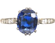 Edwardian 18ct Gold. & Platinum, Sapphire Solitaire Ring with Diamond Set Shoulders
