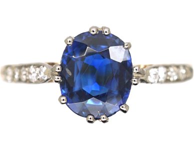 Edwardian 18ct Gold. & Platinum, Sapphire Solitaire Ring with Diamond Set Shoulders