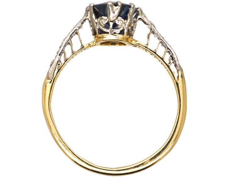 Edwardian 18ct Gold. & Platinum, Sapphire Solitaire Ring with Diamond Set Shoulders