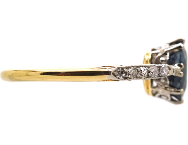 Edwardian 18ct Gold. & Platinum, Sapphire Solitaire Ring with Diamond Set Shoulders