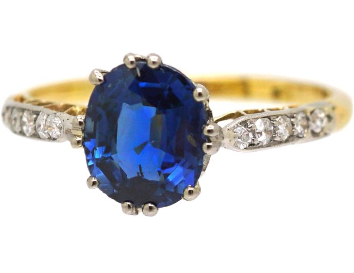 Edwardian 18ct Gold. & Platinum, Sapphire Solitaire Ring with Diamond Set Shoulders