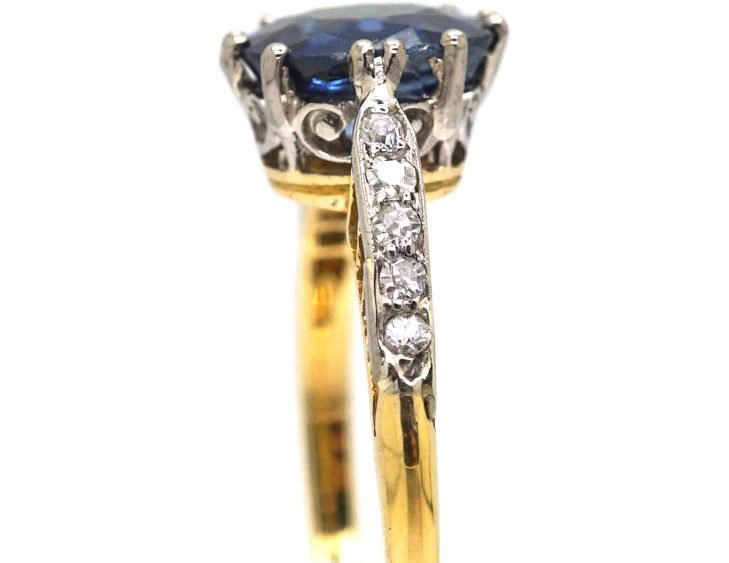 Edwardian 18ct Gold. & Platinum, Sapphire Solitaire Ring with Diamond Set Shoulders