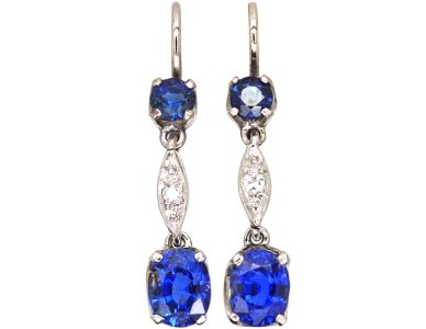 Art Deco 15ct White Gold Sapphire & Diamond Drop Earrings