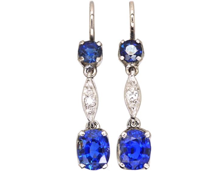 Art Deco 15ct White Gold Sapphire & Diamond Drop Earrings