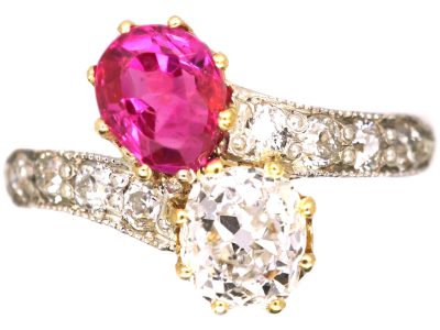 Edwardian 18ct Gold & Platinum, Pear Shaped Pink Sapphire & Diamond Crossover Ring