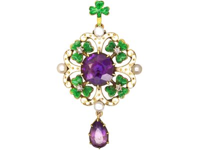 Edwardian 15ct Gold, White & Green Enamel, Natural Pearl, Diamond & Amethyst Suffragette Pendant