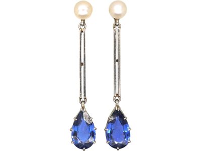 Art Deco 15ct Gold & Platinum Drop Earrings set with Pear Shaped Sapphires & Natural bouton Pearls