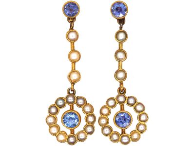 Edwardian 15ct Gold, Sapphire & Natural Split Pearl Drop Earrings