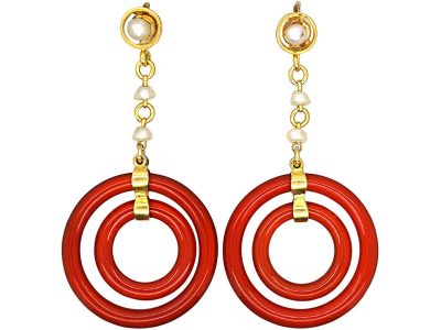 Art Deco 15ct Gold Carnelian & Natural Pearl Drop Earrings