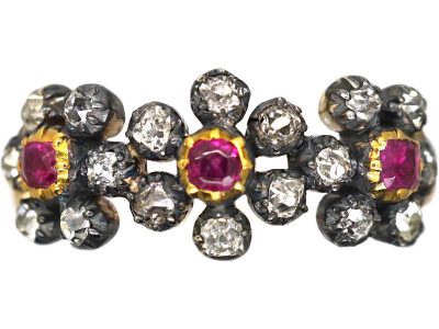 Georgian 9ct Gold & Silver Triple Cluster Ring set with Rubies & Diamonds