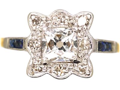 Art Deco 18ct Gold & Platinum, Diamond & Sapphire Fancy Square Ring