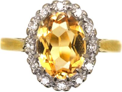 Mid 20th Century 18ct Gold, Topaz & Diamond Oval Cluster Ring