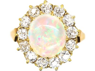 Edwardian 18ct Gold, Opal & Diamond Oval Cluster Ring
