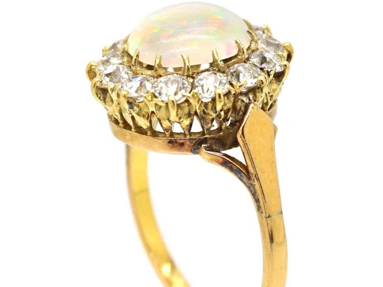 爱德华时代18K 金欧泊钻石椭圆形簇镶戒指