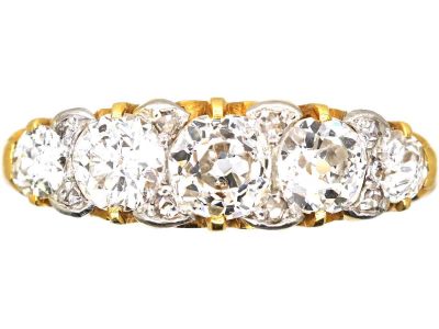 Edwardian 18ct Gold & Platinum, Five Stone Diamond Carved Half Hoop Ring