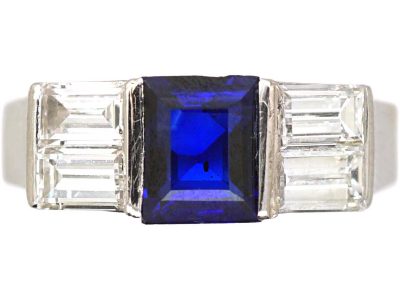 Swedish Art Deco 18ct White Gold Ring set with a Sapphire & Baguette Diamonds