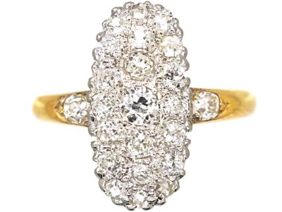 Edwardian 18ct Gold & Platinum Diamond Long Oval Cluster Ring