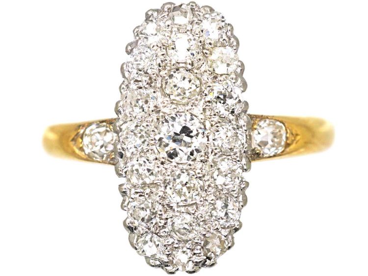 Edwardian 18ct Gold & Platinum Diamond Long Oval Cluster Ring