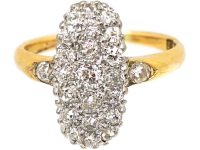 Edwardian 18ct Gold & Platinum Diamond Long Oval Cluster Ring