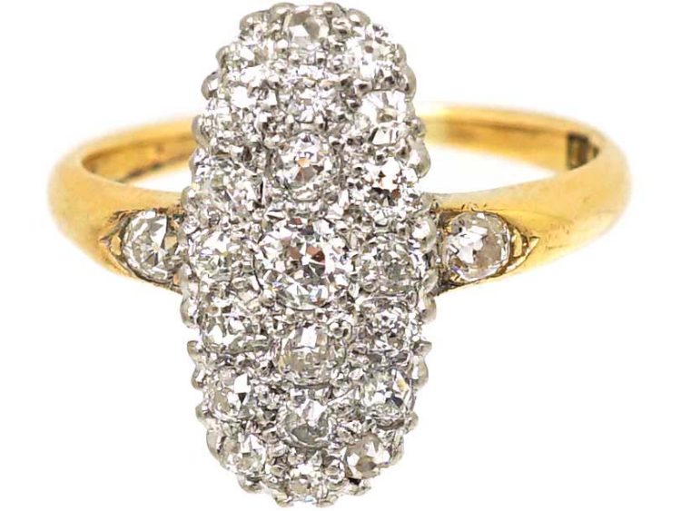 Edwardian 18ct Gold & Platinum Diamond Long Oval Cluster Ring