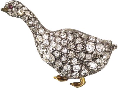 Victorian Diamond Goose Brooch with a Ruby Eye