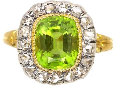 Victorian 18ct Gold & Silver, Peridot & Rose Diamond Ring