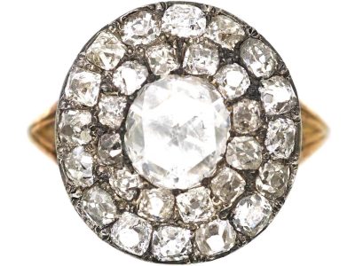 Georgian 9ct Gold & Silver Cluster Ring set with Old Mine Cut Diamonds & a Rose Cut Diamond