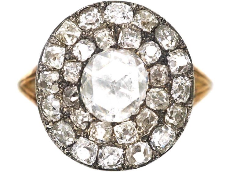 Georgian 9ct Gold & Silver Cluster Ring set with Old Mine Cut Diamonds & a Rose Cut Diamond