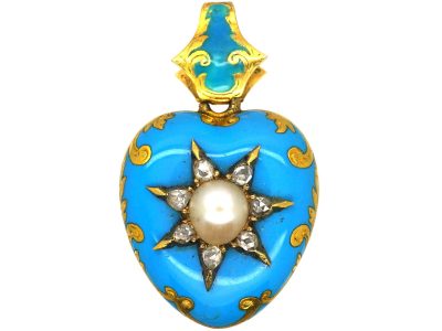 Victorian 15ct Gold & Turquoise Enamel Heart Pendant set with a Natural Split Pearl & Rose Diamonds