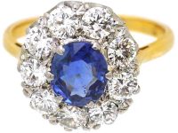 20世纪早期18K 金蓝宝石钻石椭圆形簇镶戒指