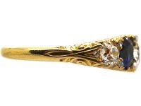 维多利亚时代18K 金五石蓝宝石钻石雕刻半环戒指
