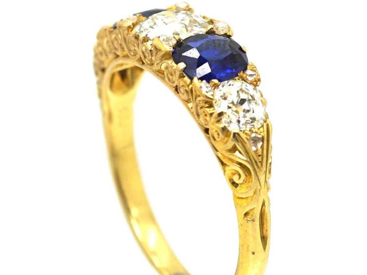维多利亚时代18K 金五石蓝宝石钻石雕刻半环戒指