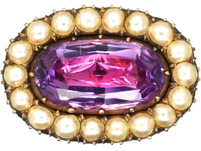 Georgian 9ct Gold Brooch set with a Pink Topaz Surrounded by Natural Split Pearls
