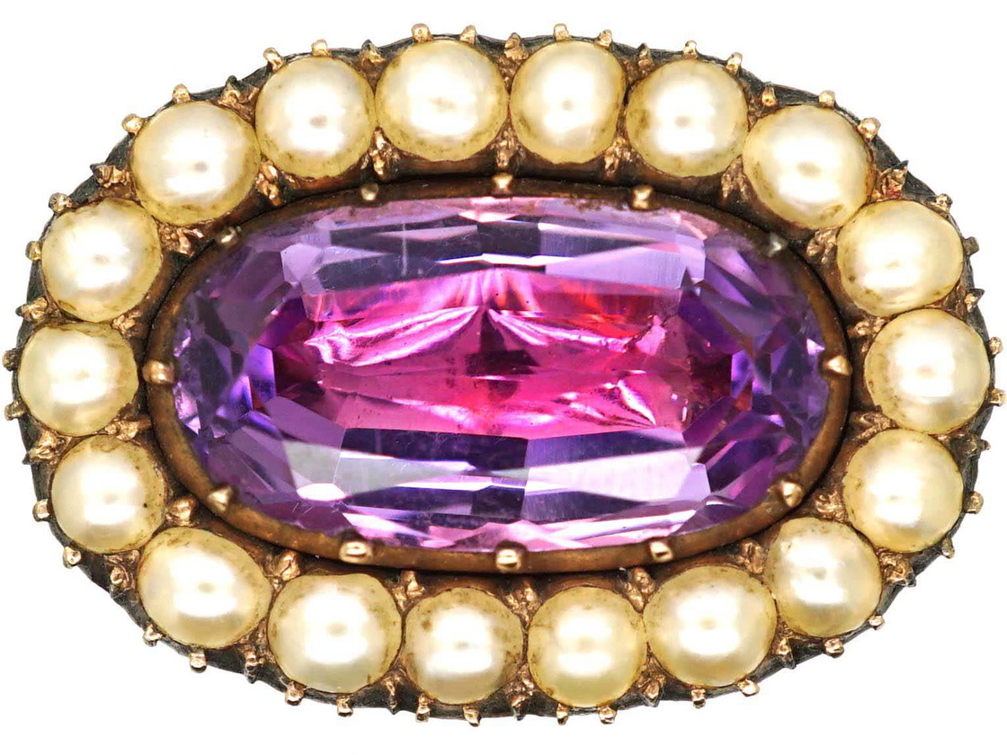 【美品】Swarovski 花形ブローチ 紫金 ジョージアン ピンクトパーズ&天然スプリットパール 9金ブローチ | AJC