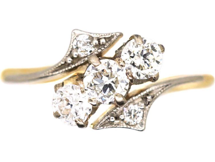 Edwardian 18ct Gold & Platinum Three Stone Crossover Ring with Diamond Set Shoulders
