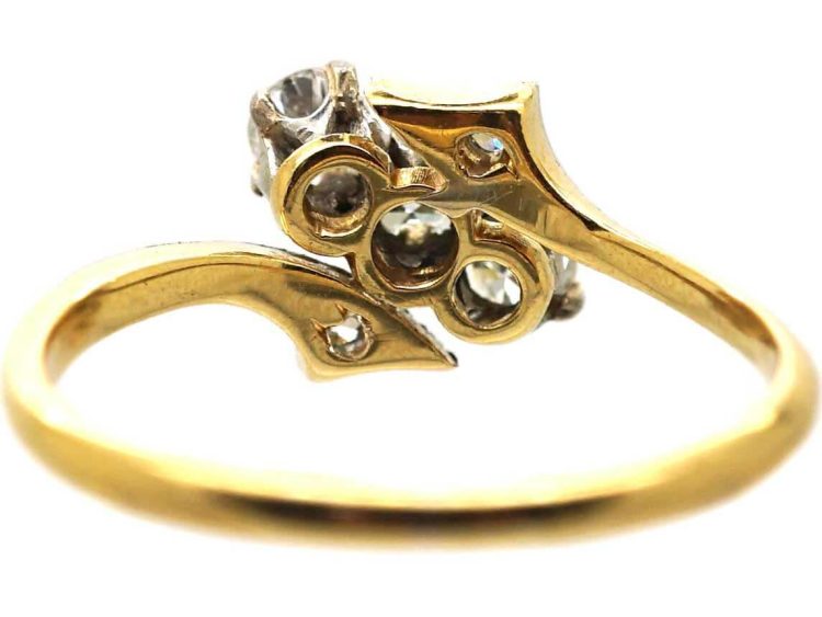 Edwardian 18ct Gold & Platinum Three Stone Crossover Ring with Diamond Set Shoulders