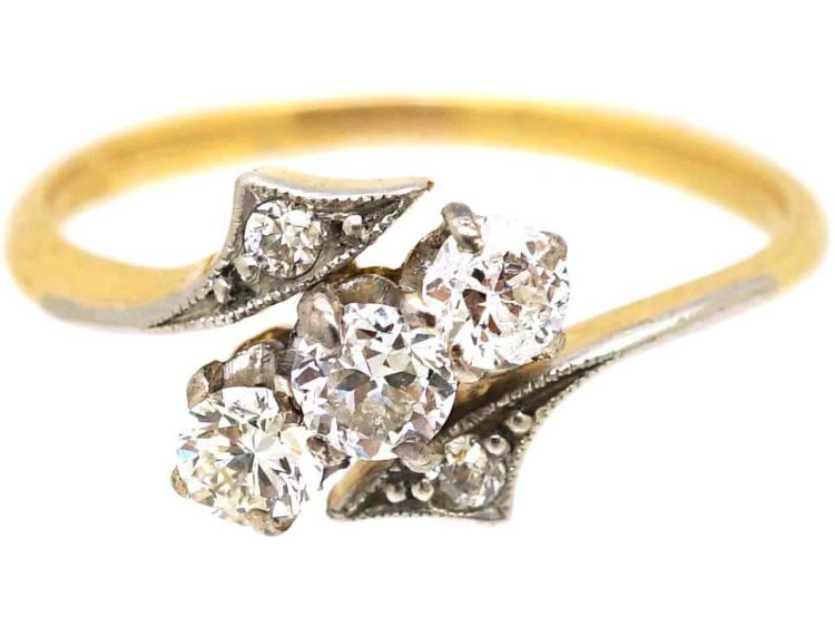 Edwardian 18ct Gold & Platinum Three Stone Crossover Ring with Diamond Set Shoulders