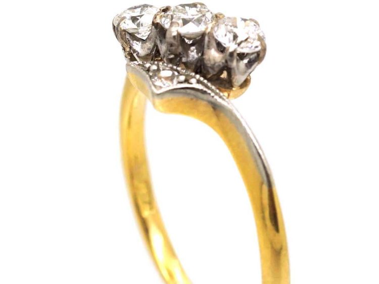 Edwardian 18ct Gold & Platinum Three Stone Crossover Ring with Diamond Set Shoulders