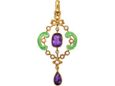 15ct Gold & Enamel Suffragette Pendant set with Amethysts,Natural Split Pearls & Rose Diamonds
