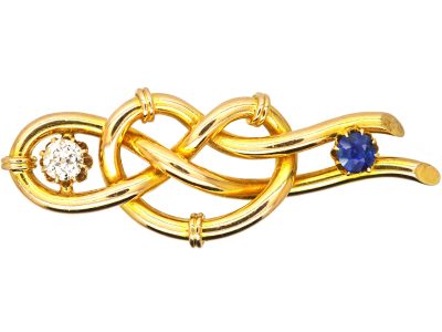 Edwardian 15ct Gold Lover’s Knot Brooch set with a Sapphire & a Diamond