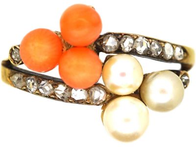 Edwardian 18ct Gold, Coral, Natural Pearl & Rose Diamond Crossover Ring
