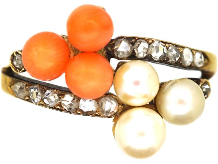 Edwardian 18ct Gold, Coral, Natural Pearl & Rose Diamond Crossover Ring