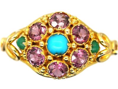 Early Victorian Almandine Garnet & Turquoise 15ct Gold Ring