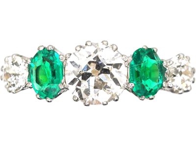 Edwardian 18ct Gold & Platinum Five Stone Emerald & Diamond Ring