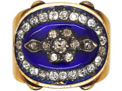 Georgian 9ct Gold Blue & White Enamel & Diamond Ring with Flower Motif