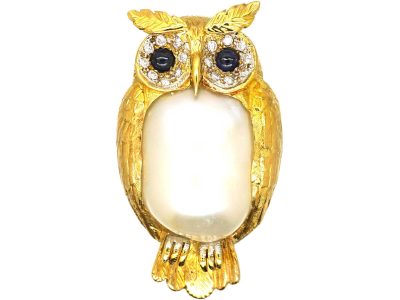 1970’s 18ct Gold, Sapphire & Diamond Owl Brooch with Large Baroque Pearl Tummy