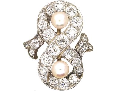 Victorian 18ct Gold & Silver Figure of Eight Ring set with Old Mine Cut Diamonds & Natural Pearls
