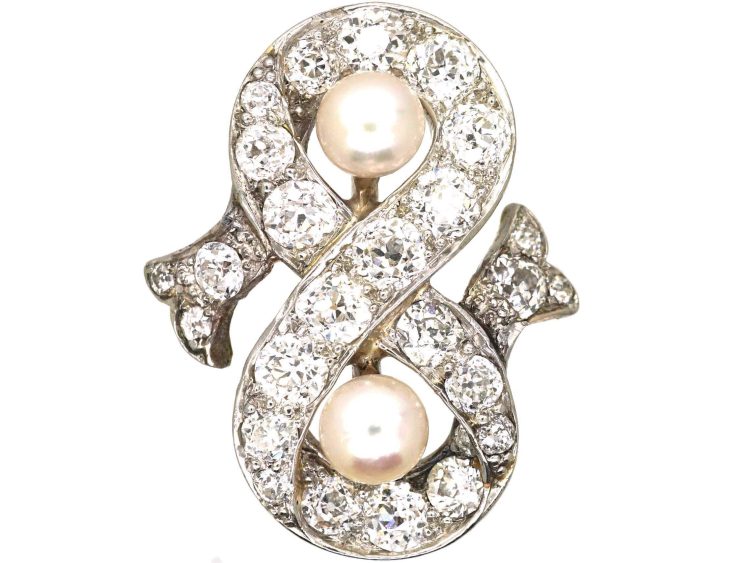 Victorian 18ct Gold & Silver Figure of Eight Ring set with Old Mine Cut Diamonds & Natural Pearls
